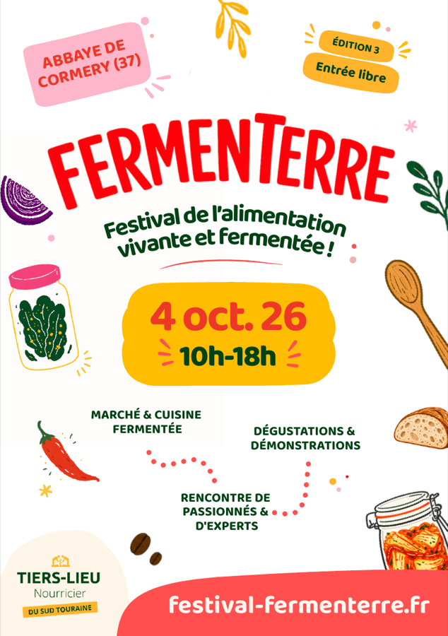 Couverture du programme 2026 de Fermenterre : dimanche 4 octobre, abbaye de Cormery, 10h-18h